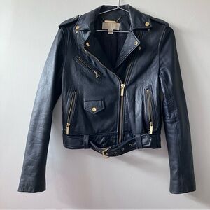Michael Kors Navy Blue and Gold Moto Style Genuine Leather Jacket